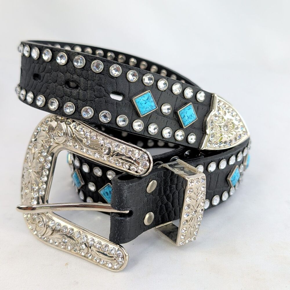 Nocona Western Belt Rhinestone Turquoise Concho Black Leather Bling Mens XL